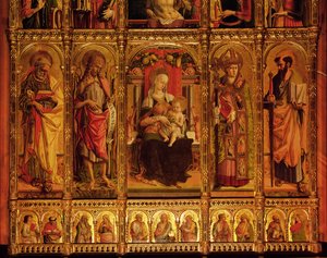 Pyhän Emidion alttaritaulu, polyptyykki, yksityiskohta Neitsyt ja pyhät Pyhä Paavali, Pyhä Johannes Kastaja, Saint Etienne ja Pyhä Paavali, vasemmalta oikealle, 1473 tempera puulla